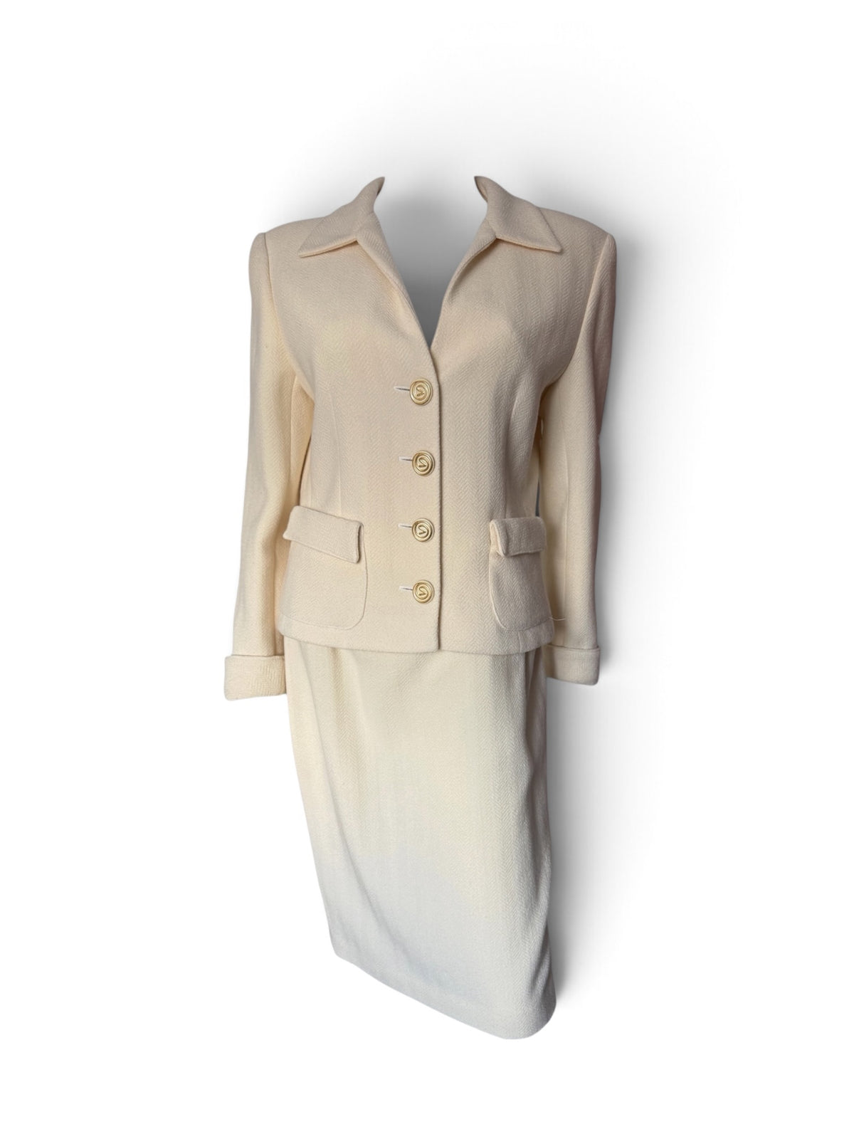 Valentino Miss V Cream Herringbone Skirt Suit, Size 44 / US 10