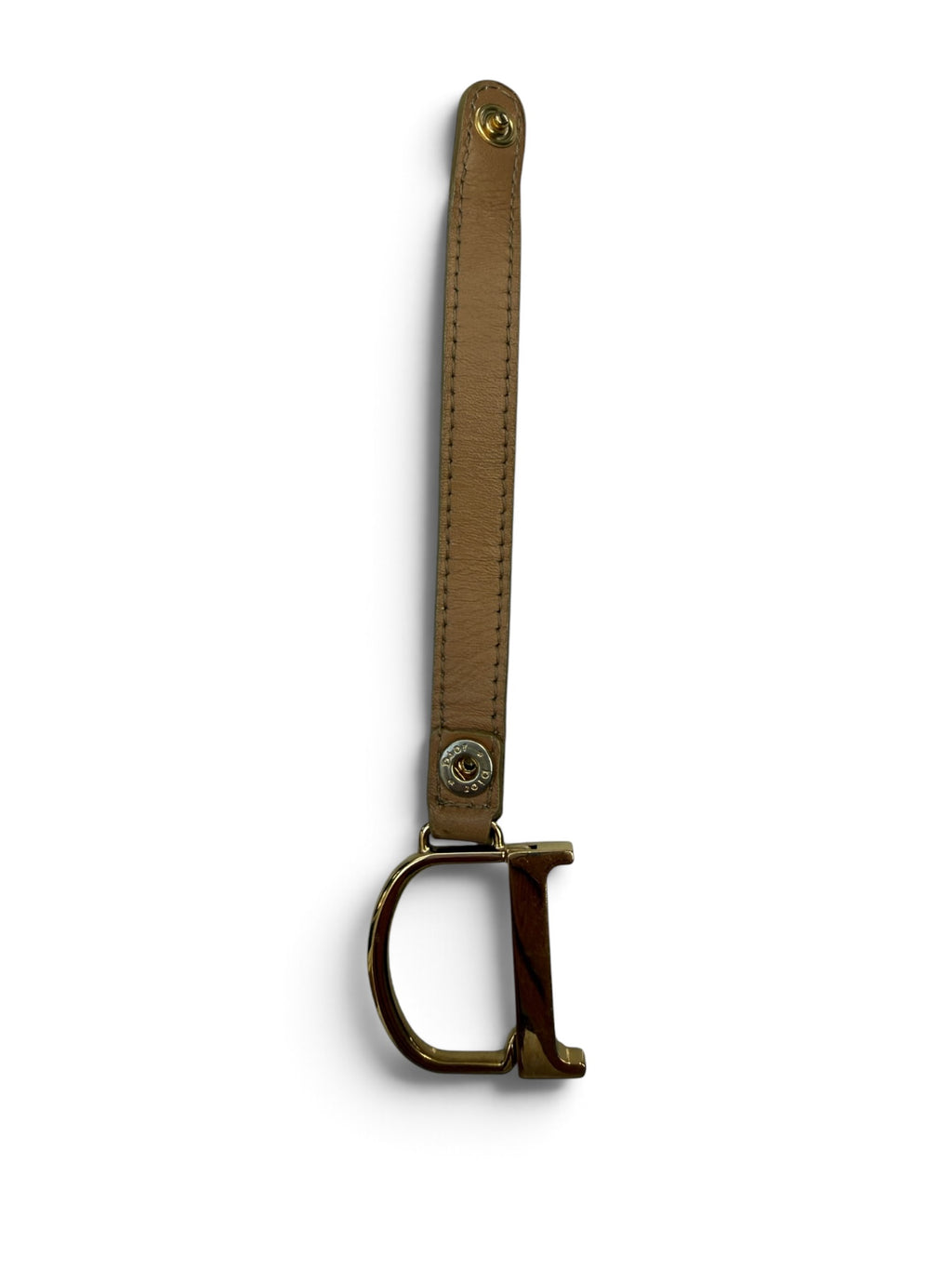 Vintage Christian Dior Gold “D” Logo Charm with Tan Leather Strap – Bag Charm / Keychain