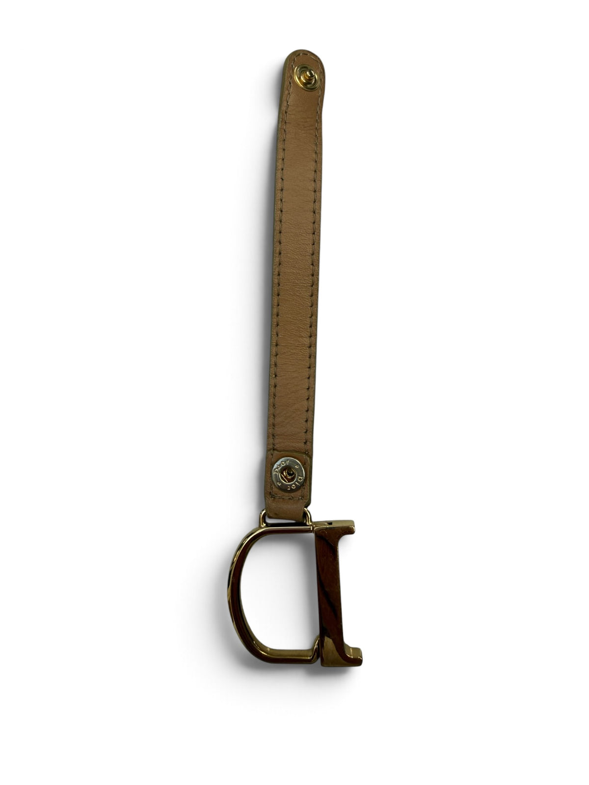 Vintage Christian Dior Gold “D” Logo Charm with Tan Leather Strap – Bag Charm / Keychain
