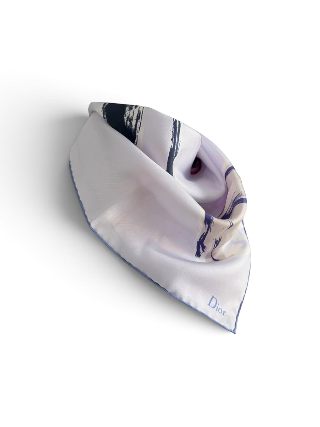 Christian Dior Abstract Floral Brushstroke Silk Scarf – 55 x 55 cm | Navy Blue, Pink & Cream