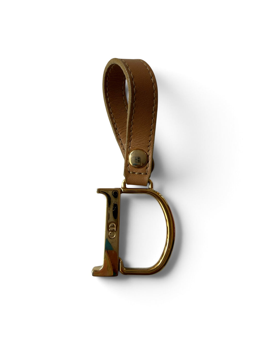 Vintage Christian Dior Gold “D” Logo Charm with Tan Leather Strap – Bag Charm / Keychain