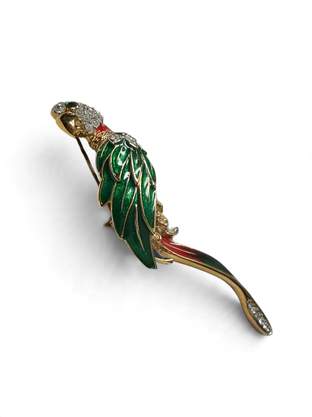 Vintage Attwood & Sawyer Parrot Brooch – 22ct Gold-Plated Enamel & Crystal