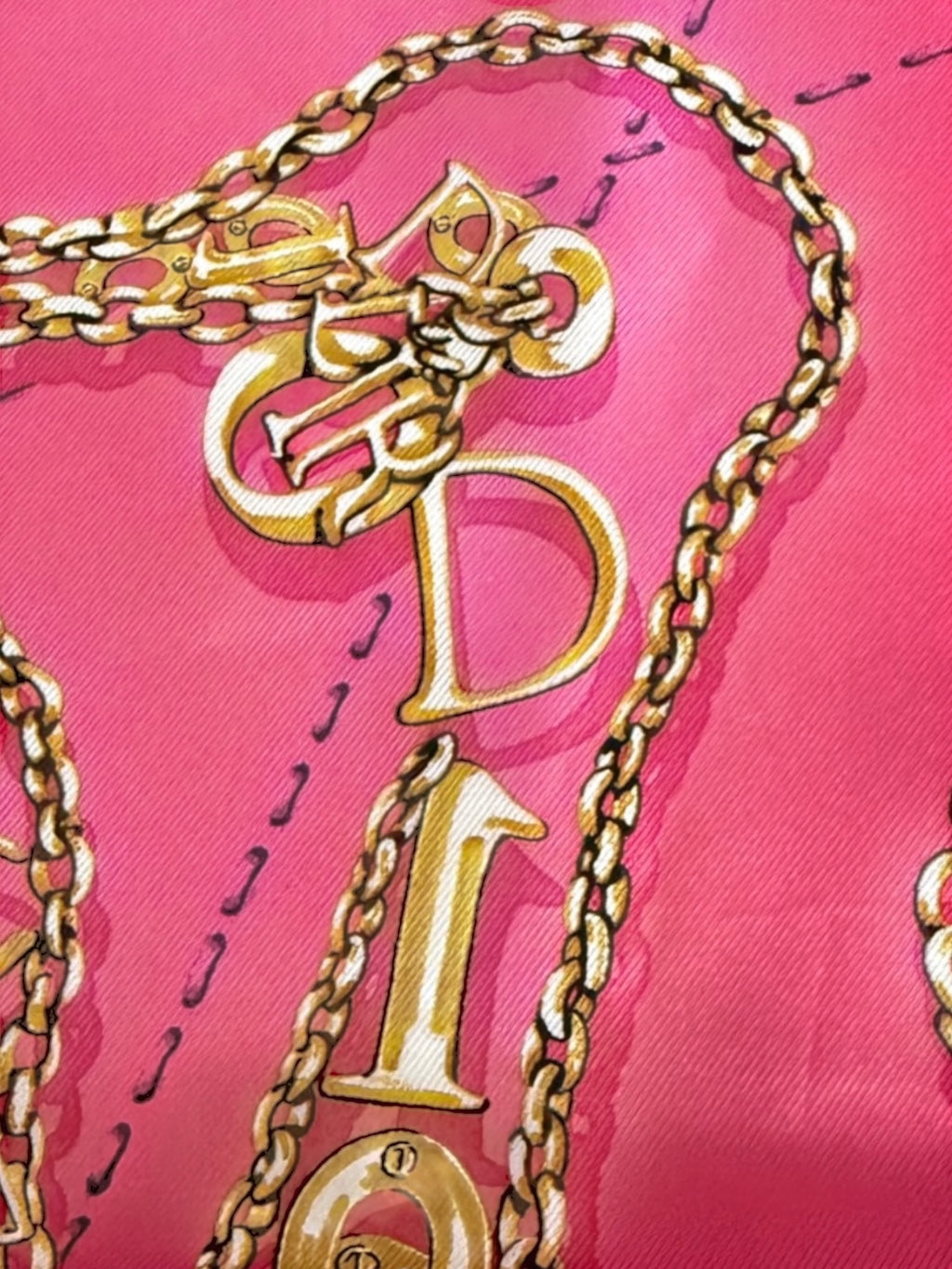 Christian Dior Pink Silk Scarf 55 x 55cm with Gold Jewellery Chain Motif – Made in Italy