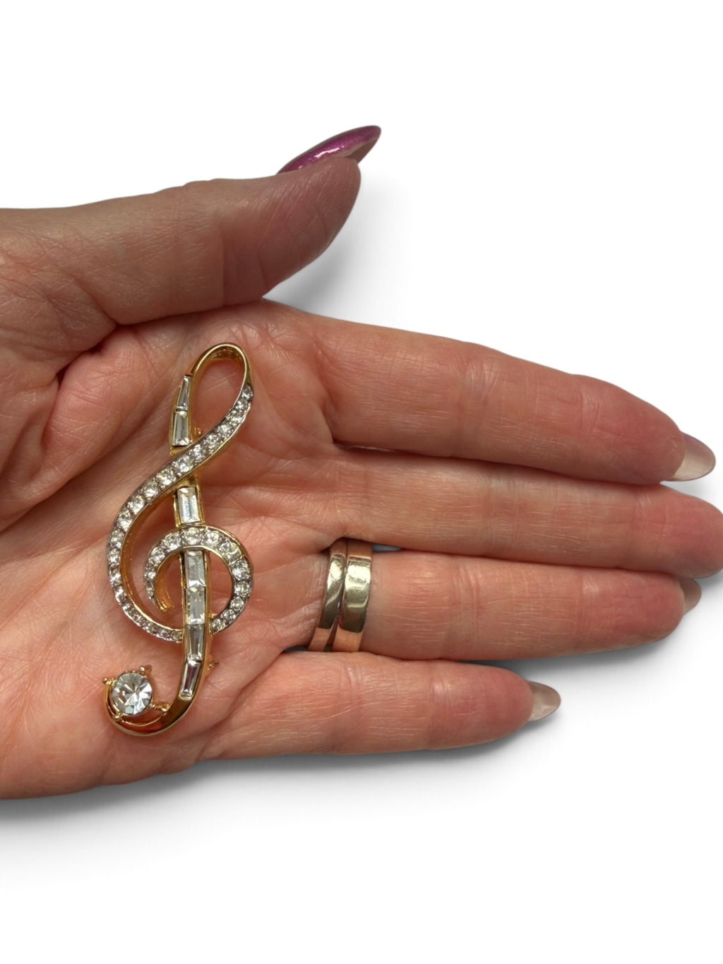Vintage D’Orlan Treble Clef Brooch | Signed Gold Tone Crystal Music Pin