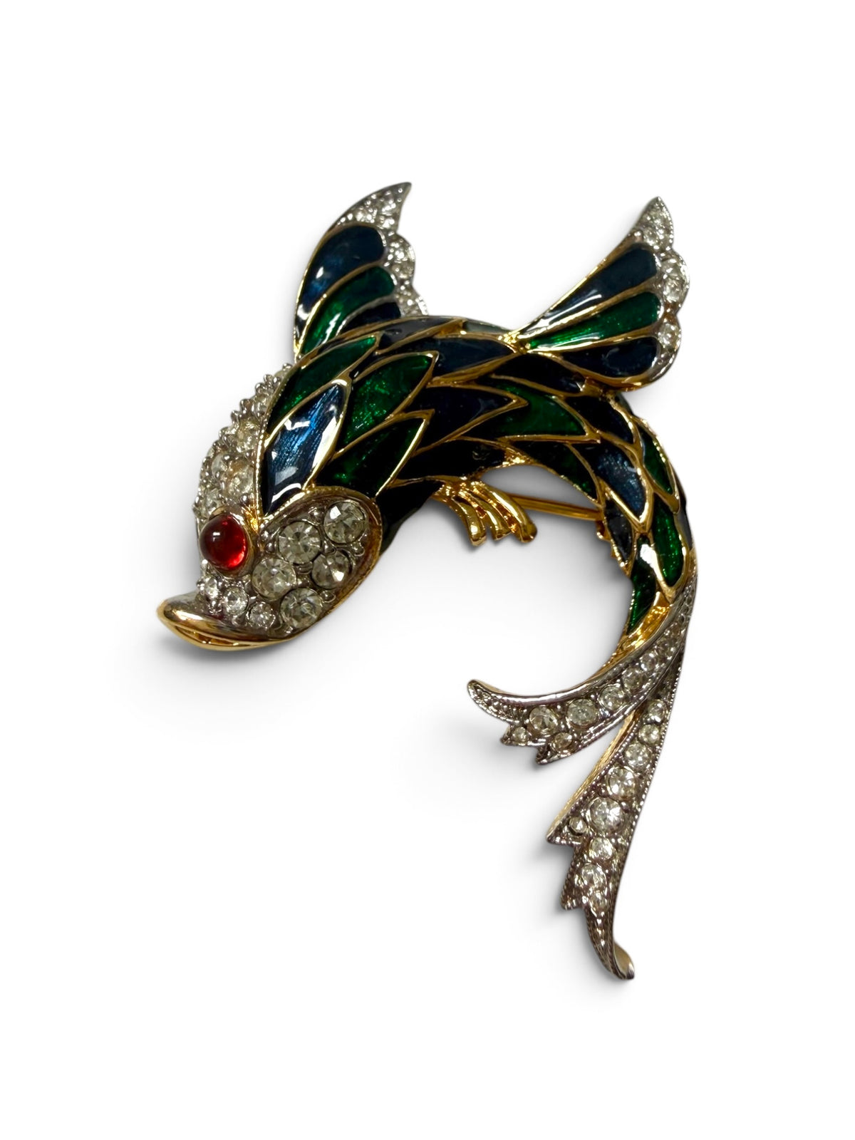 Vintage D’Orlan Gold-Tone Enamel Fish Brooch with Swarovski Crystals