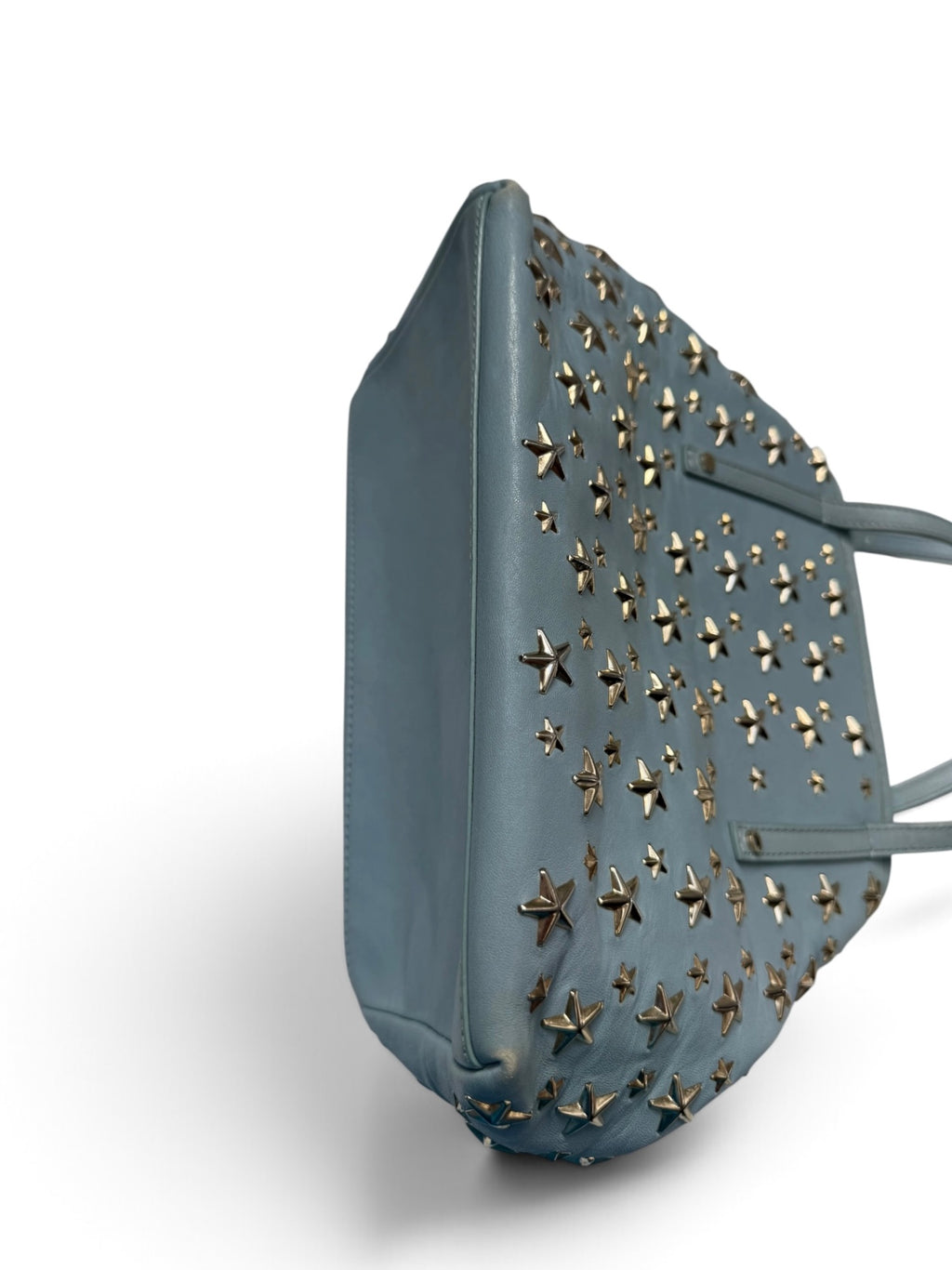 Jimmy Choo Sasha Powder Blue Leather Tote, Gold Star Studs, Made in Italy, circa 2016–2017