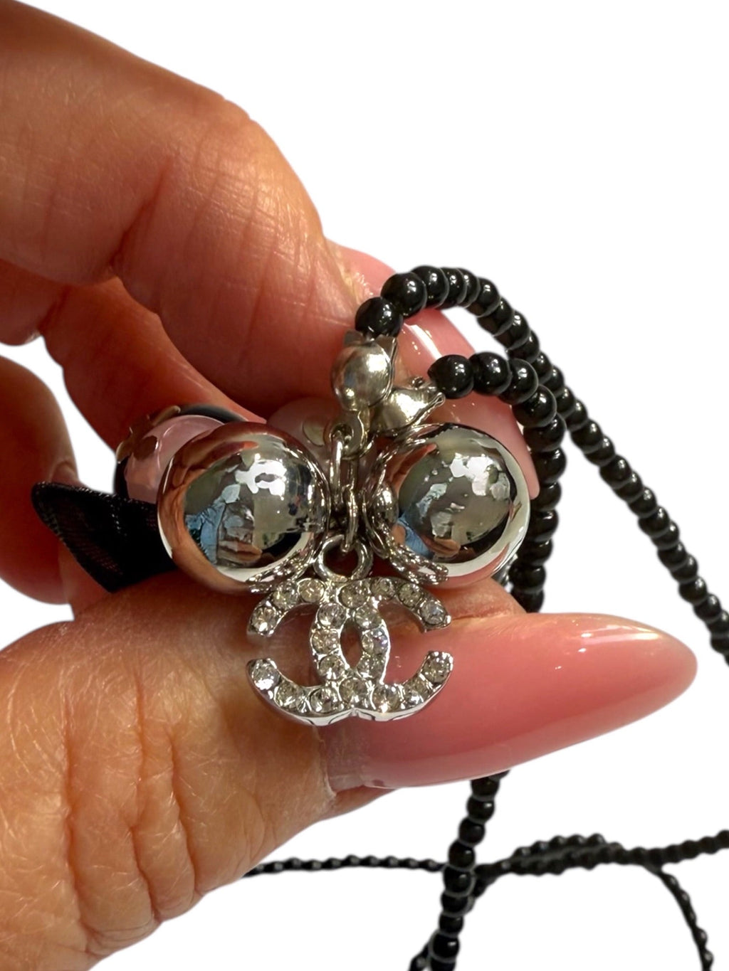 Chanel Black Bead Crystal and Pearl Pendant Necklace