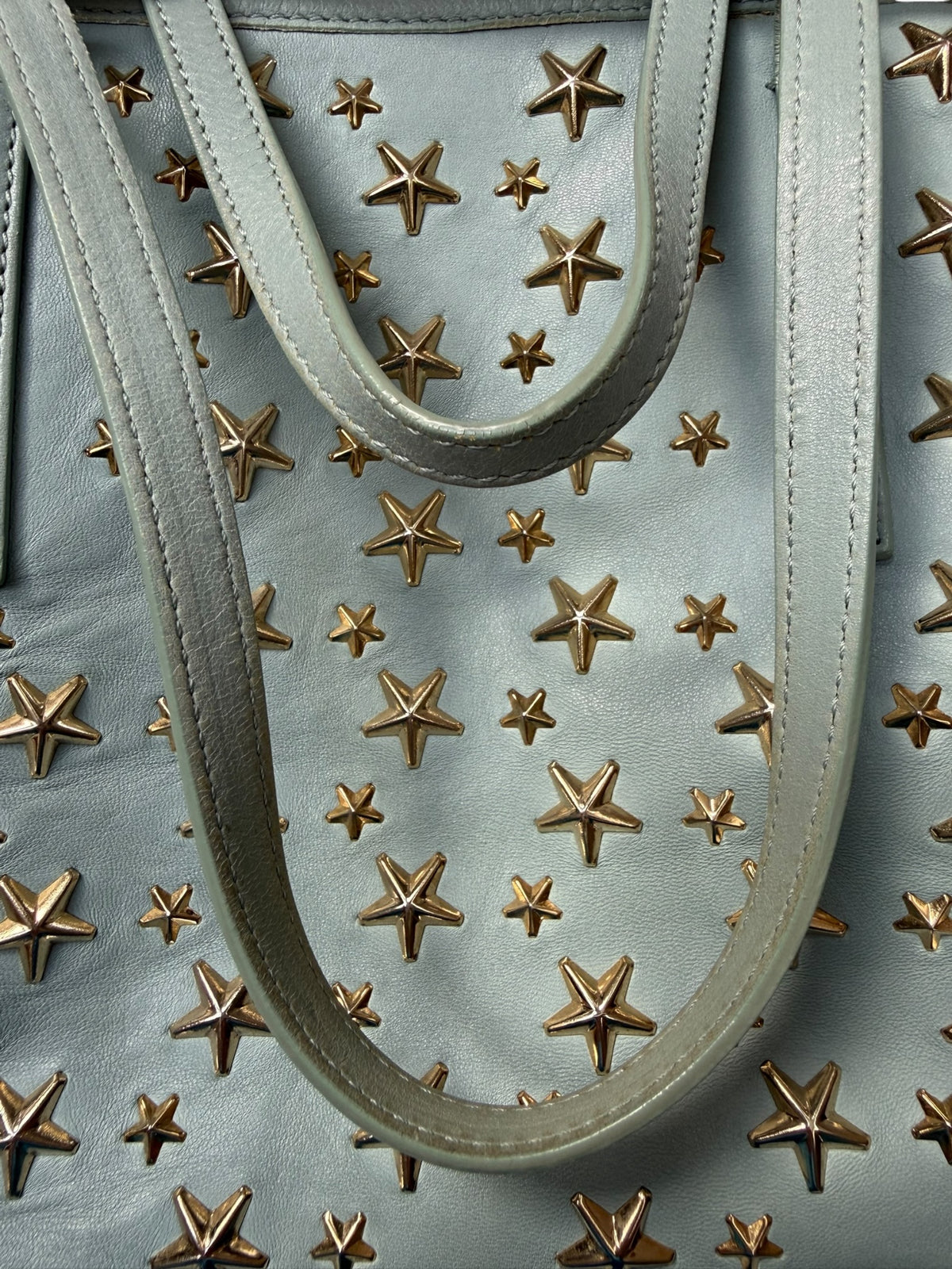 Jimmy Choo Sasha Powder Blue Leather Tote, Gold Star Studs, Made in Italy, circa 2016–2017