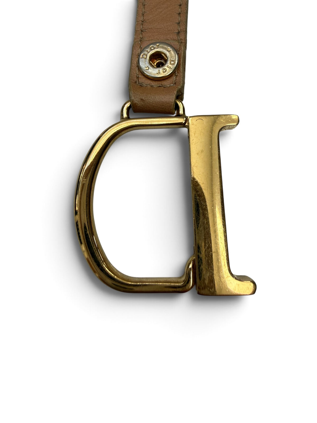 Vintage Christian Dior Gold “D” Logo Charm with Tan Leather Strap – Bag Charm / Keychain
