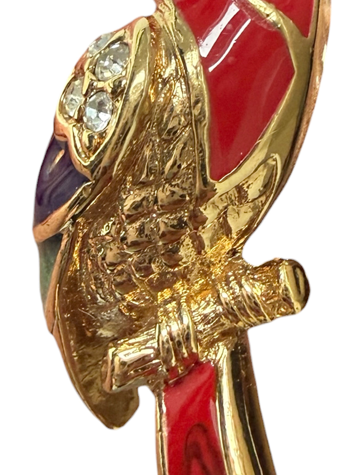 Vintage Attwood and Sawyer Small 22ct Gold Plated & Swarovski Crystal Parrot Brooch (1980s)