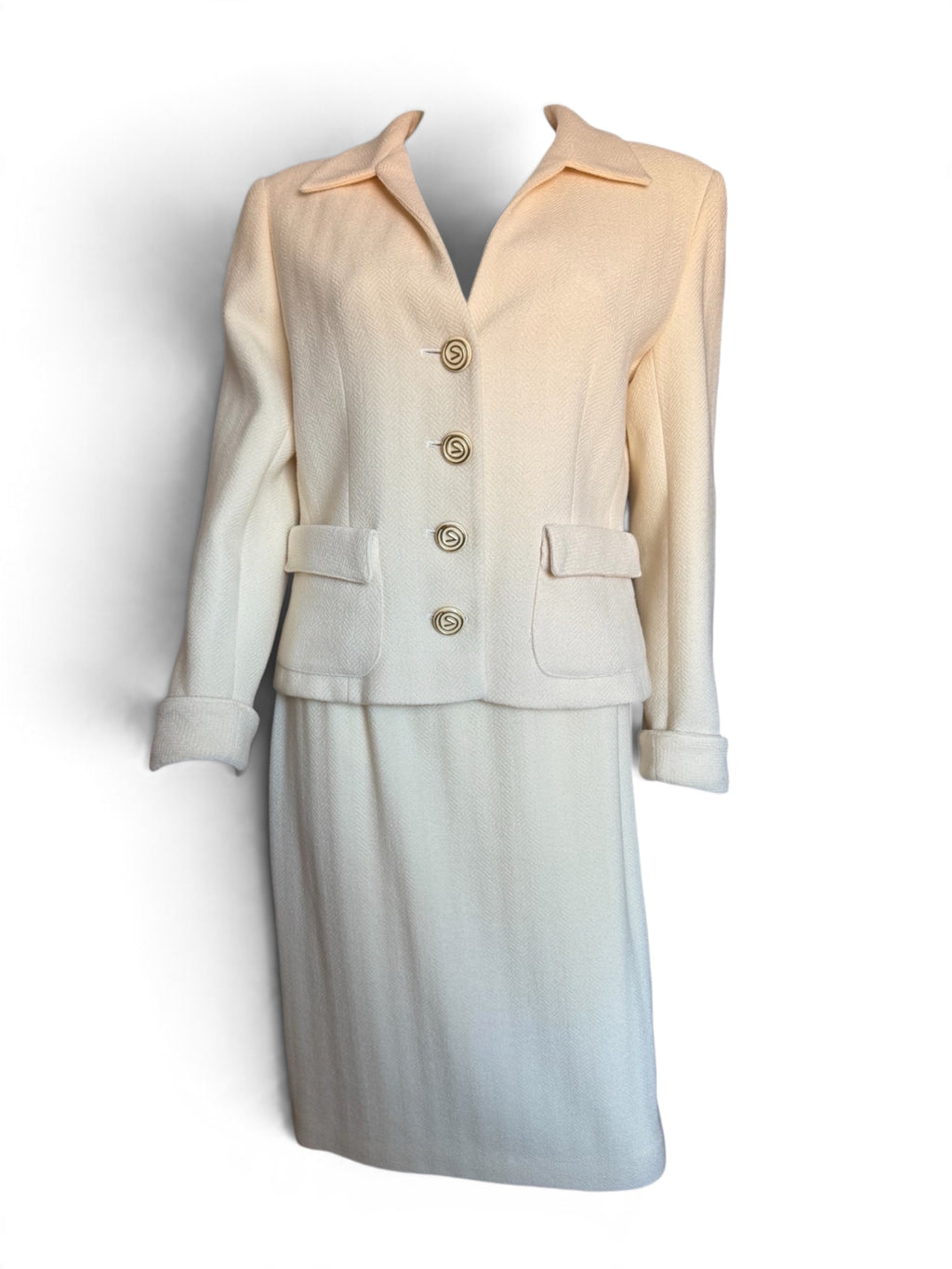 Valentino Miss V Cream Herringbone Skirt Suit, Size 44 / US 10