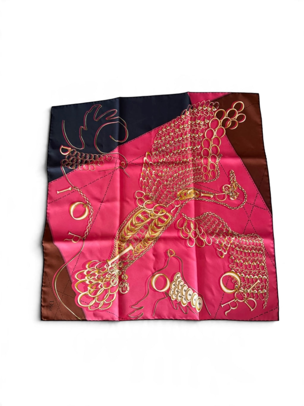 Christian Dior Pink Silk Scarf 55 x 55cm with Gold Jewellery Chain Motif – Made in Italy