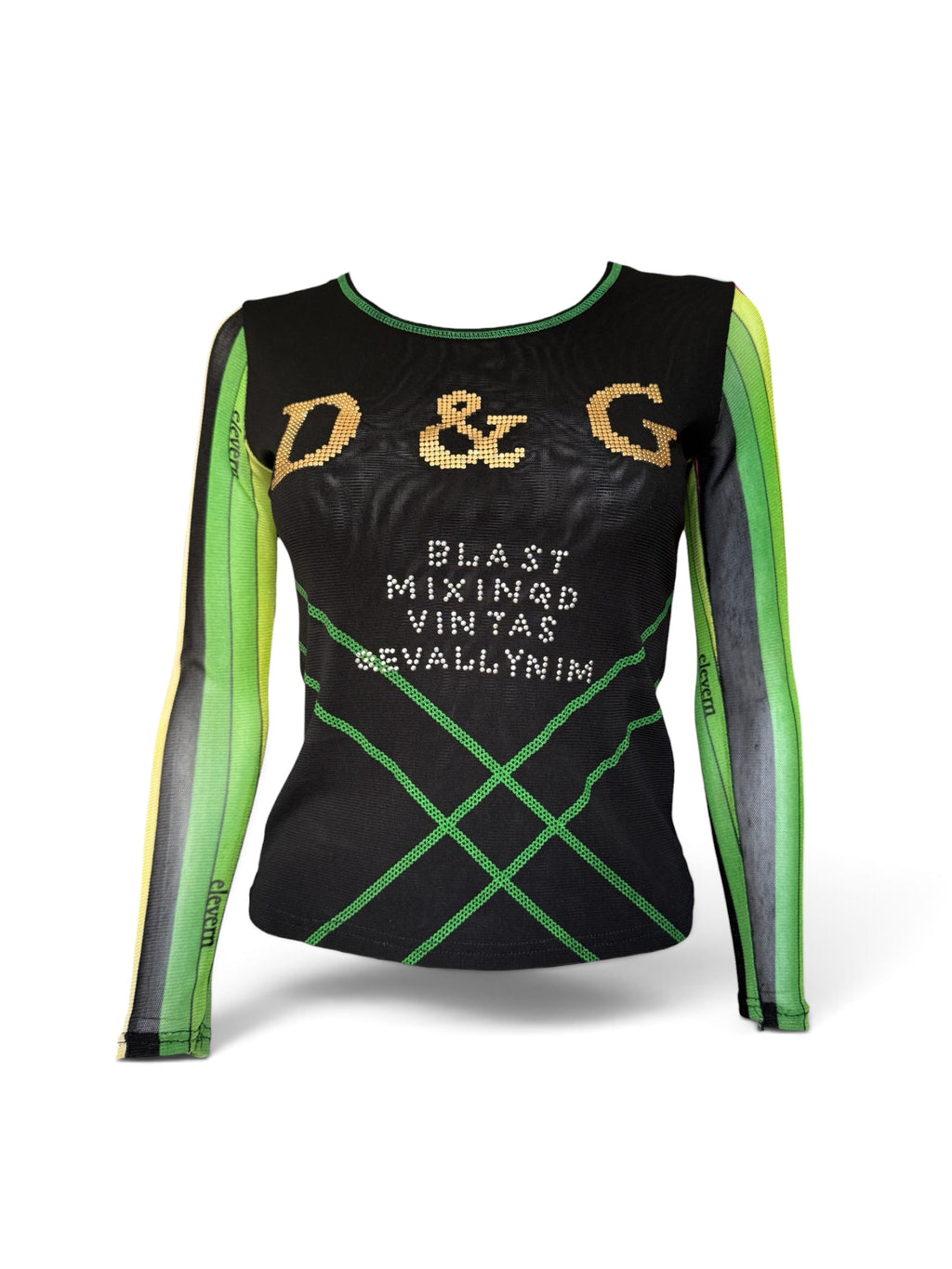 Dolce & Gabbana Black Mesh Long Sleeve Top UK Size 8/10 with Gold Studded D&G Logo and Silver Stud Text