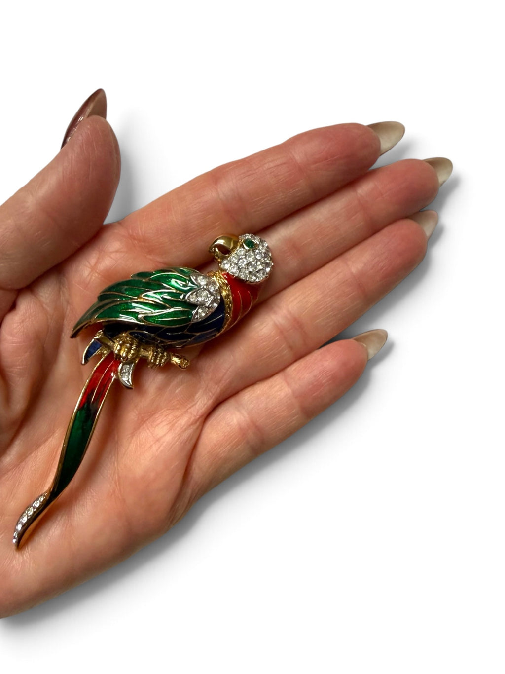 Vintage Attwood & Sawyer Parrot Brooch – 22ct Gold-Plated Enamel & Crystal