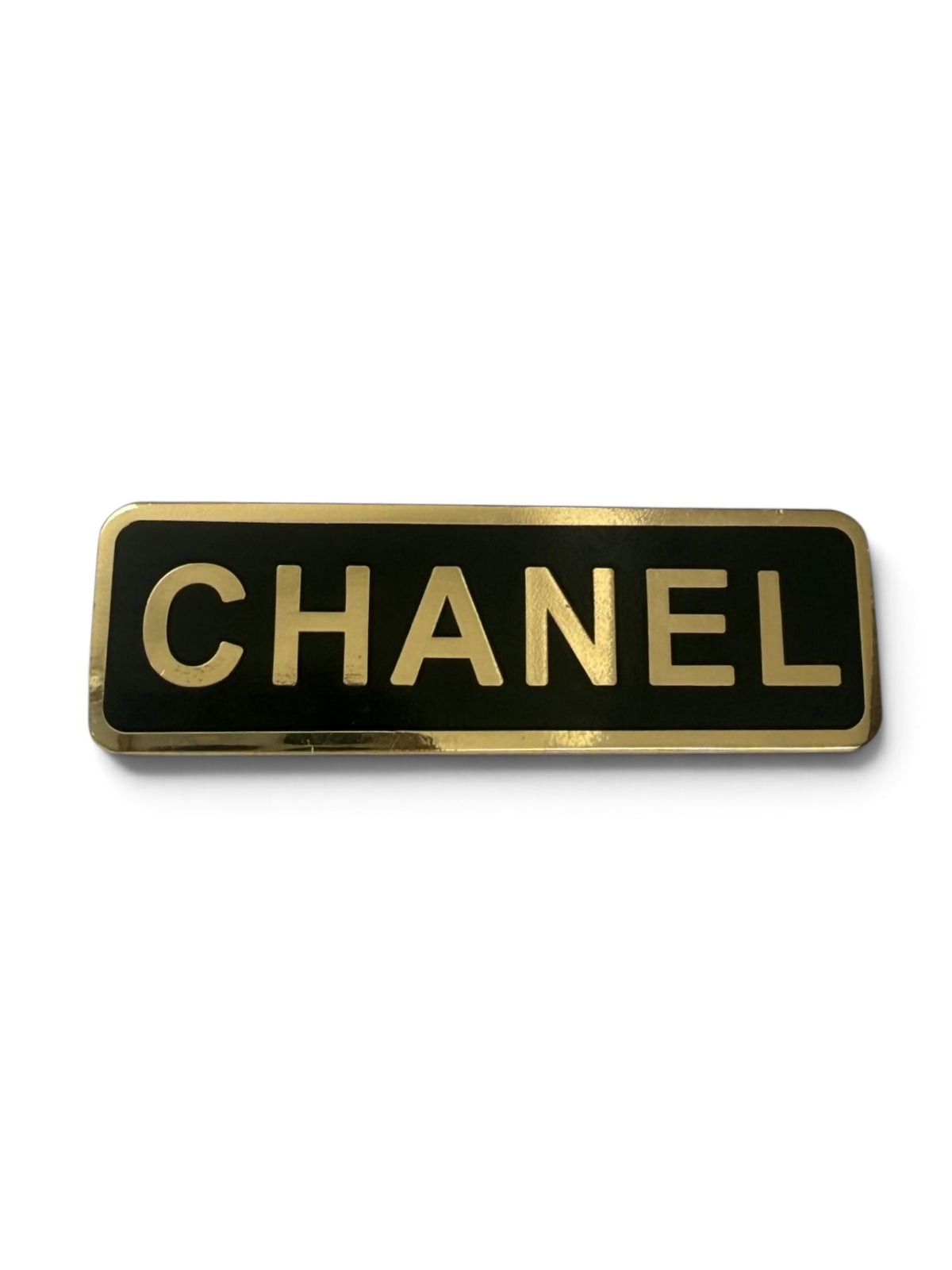 Vintage Chanel Employee Uniform Pin Brooch – Black Enamel with Gold “CHANEL”