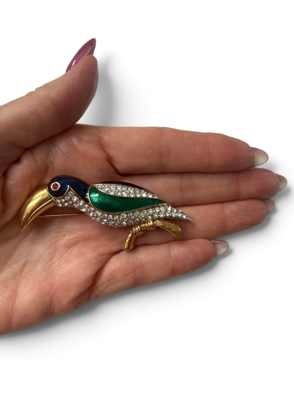 Vintage 1980s D’Orlan Signed 22ct Triple Gold-Plated Enamel & Swarovski Crystal Toucan Bird Brooch