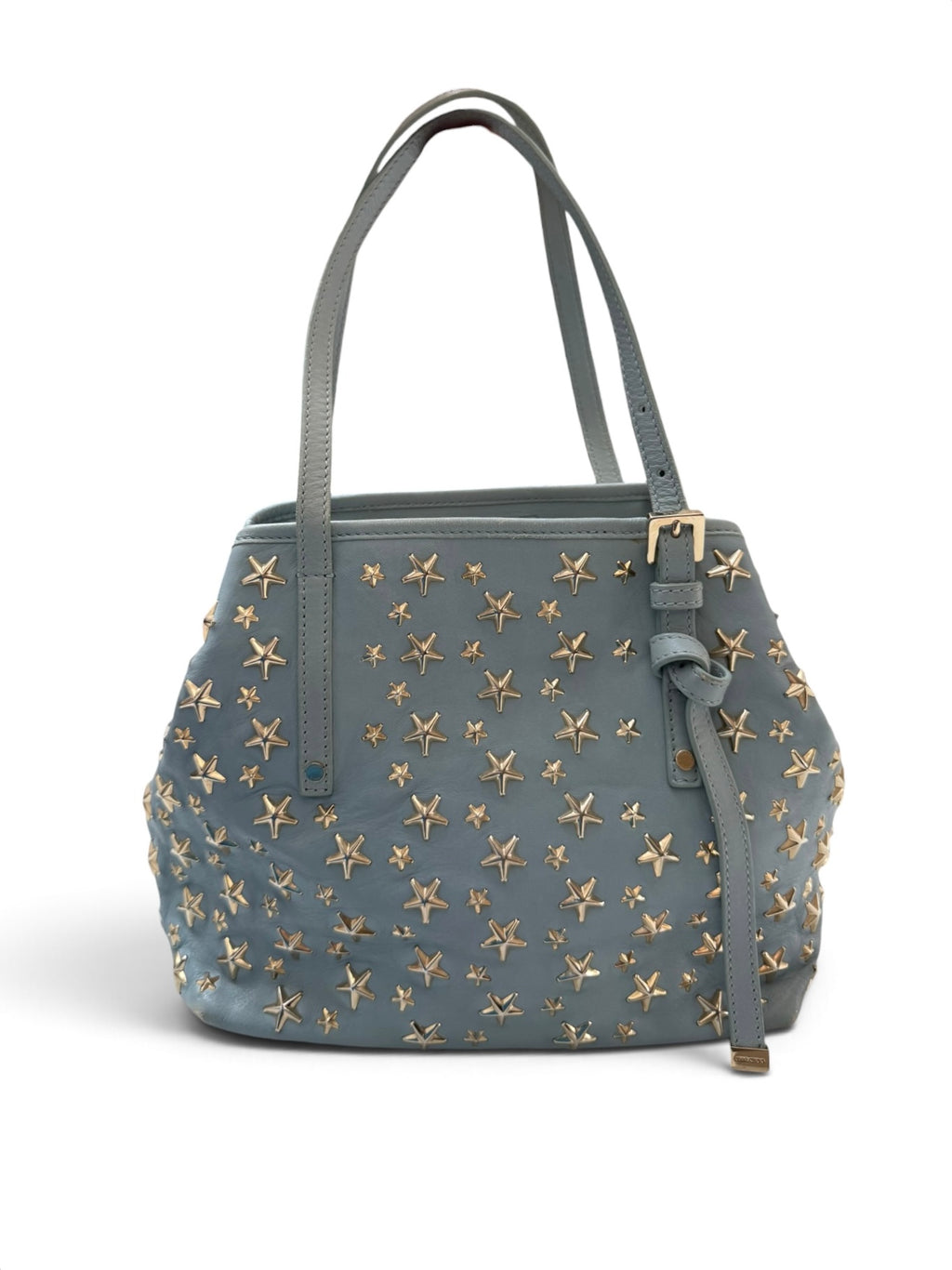 Jimmy Choo Sasha Powder Blue Leather Tote, Gold Star Studs, Made in Italy, circa 2016–2017