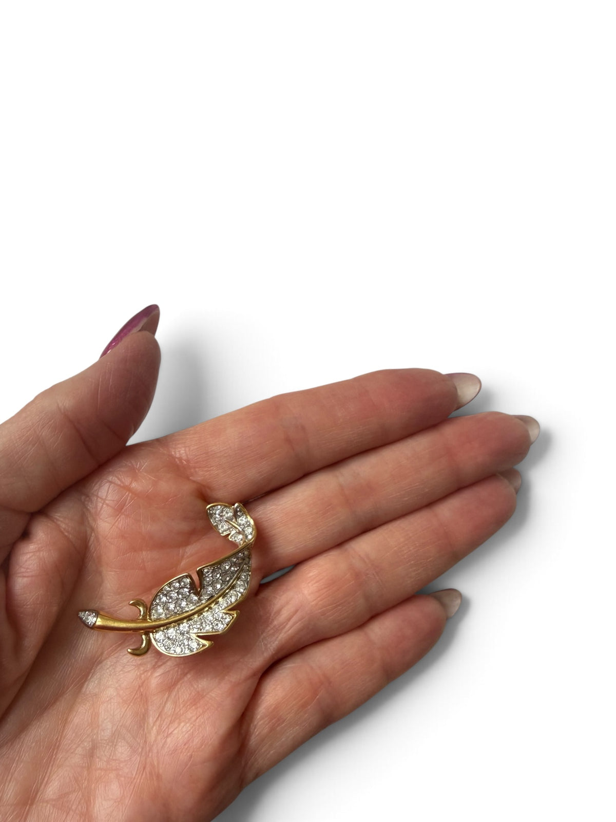 Vintage Attwood & Sawyer Gold-Tone Crystal Feather Brooch