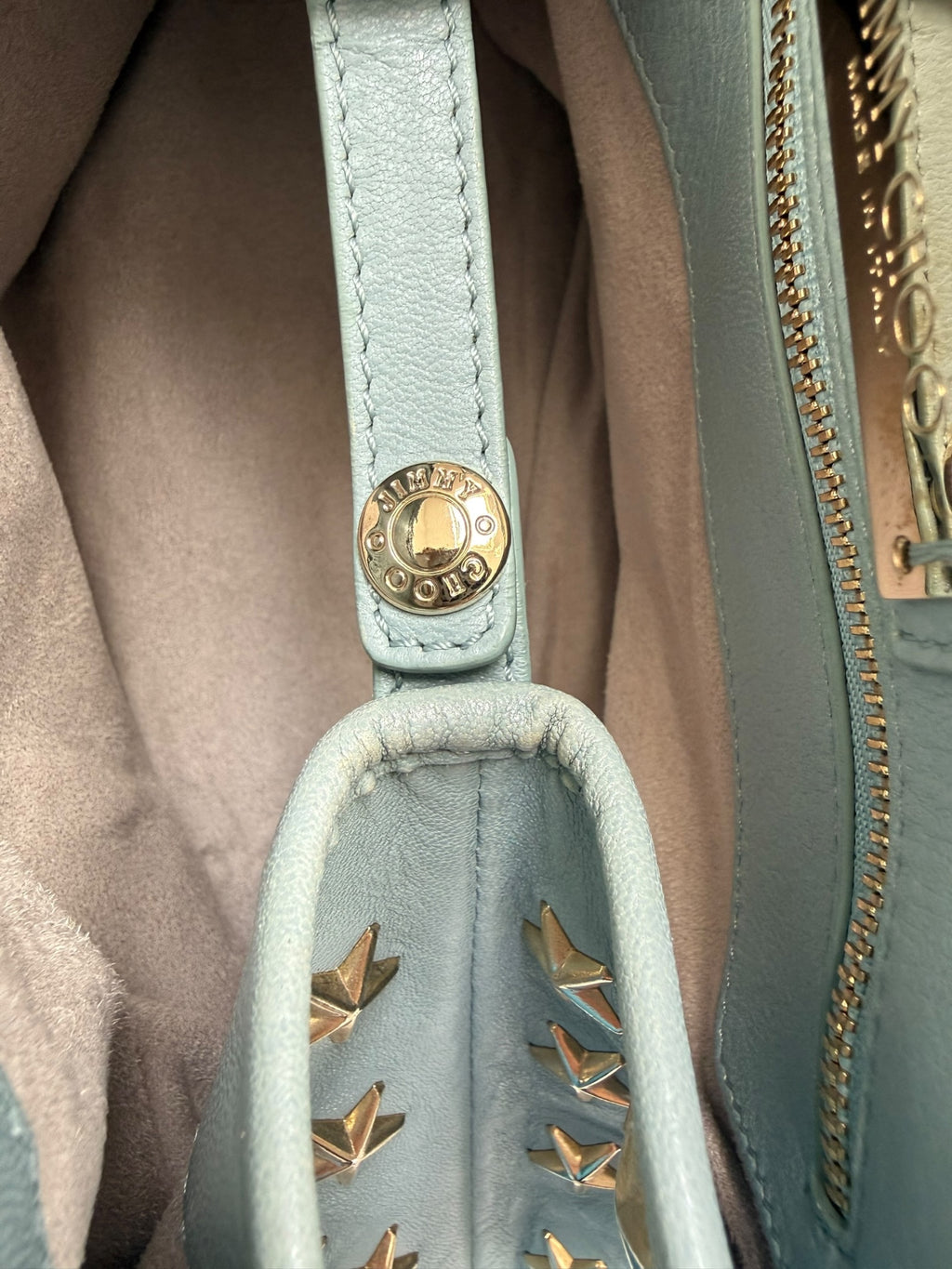 Jimmy Choo Sasha Powder Blue Leather Tote, Gold Star Studs, Made in Italy, circa 2016–2017