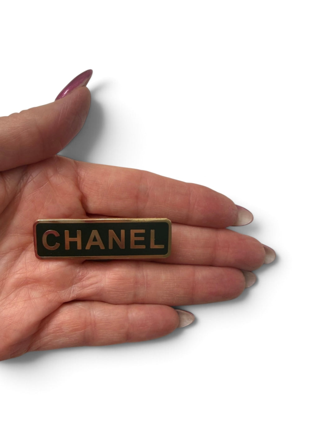 Vintage Chanel Employee Uniform Pin Brooch – Black Enamel with Gold “CHANEL”