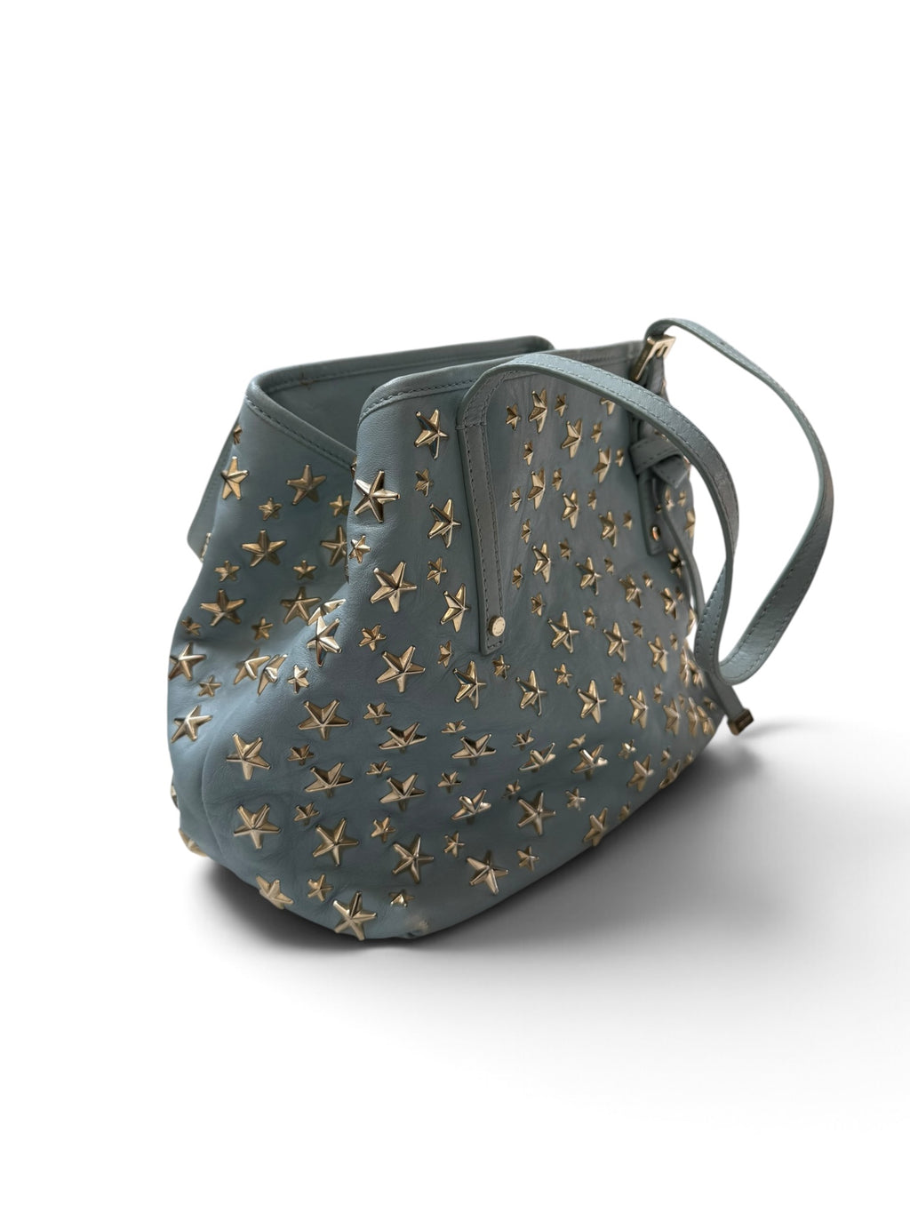 Jimmy Choo Sasha Powder Blue Leather Tote, Gold Star Studs, Made in Italy, circa 2016–2017