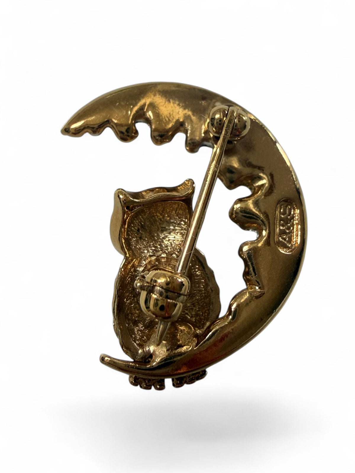 Vintage Attwood & Sawyer A&S Owl on Crescent Moon Brooch | 22ct Gold Plate & Pavé Swarovski Crystals