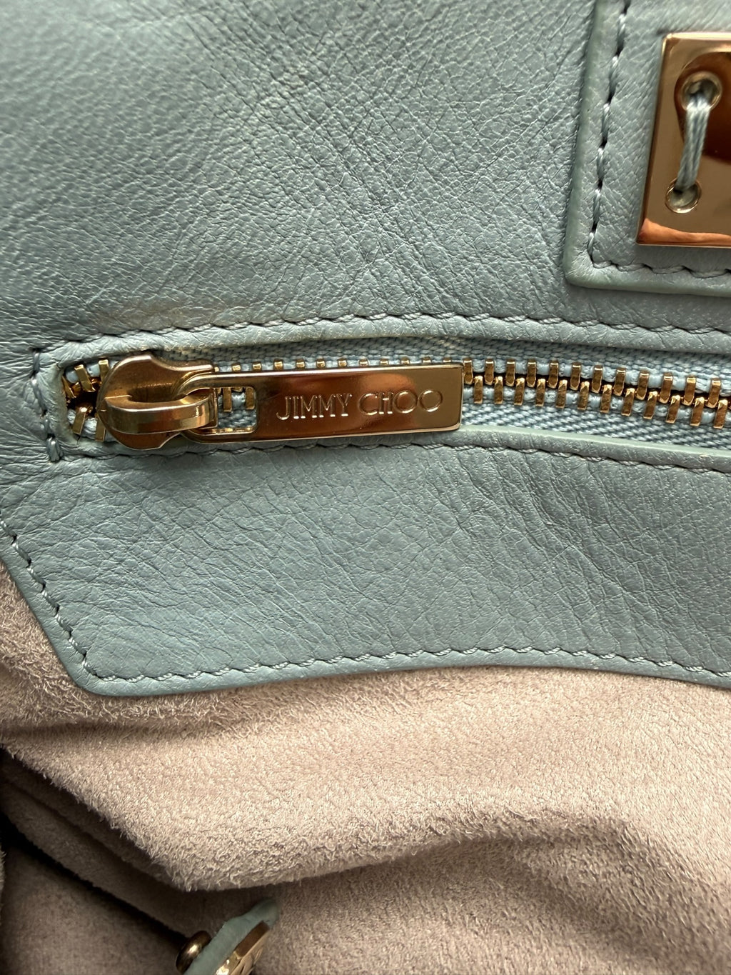 Jimmy Choo Sasha Powder Blue Leather Tote, Gold Star Studs, Made in Italy, circa 2016–2017