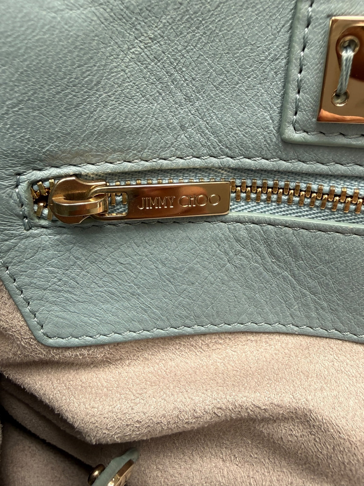 Jimmy Choo Sasha Powder Blue Leather Tote, Gold Star Studs, Made in Italy, circa 2016–2017