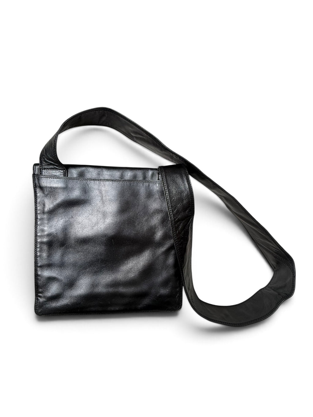 Chanel Vintage Black Leather Messenger Shoulder Bag with Embossed Logo – Made in Italy