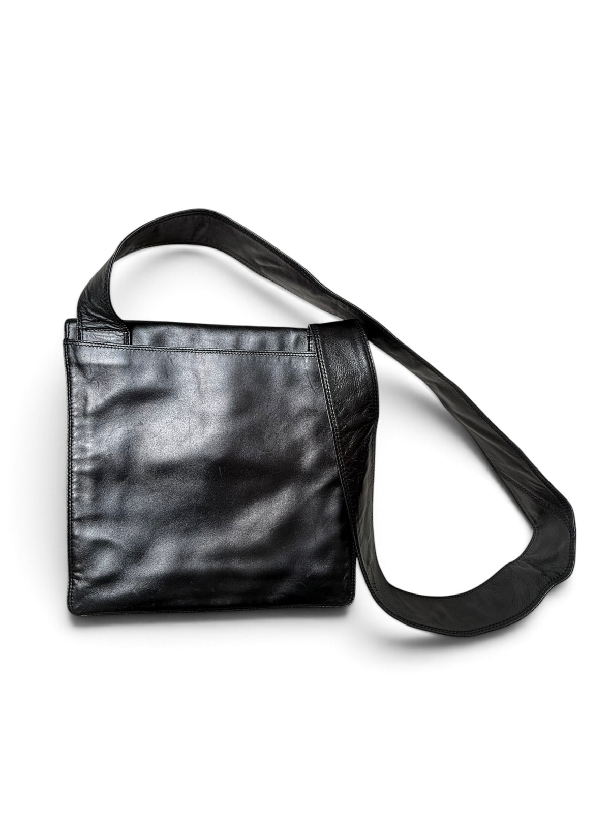 Chanel Vintage Black Leather Messenger Shoulder Bag with Embossed Logo – Made in Italy