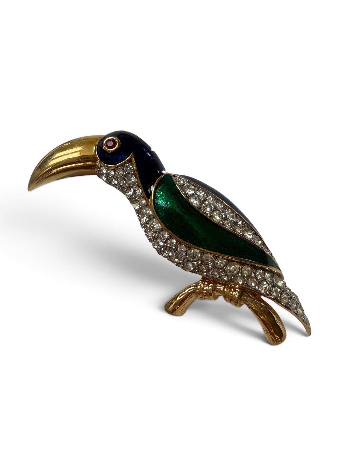 Vintage 1980s D’Orlan Signed 22ct Triple Gold-Plated Enamel & Swarovski Crystal Toucan Bird Brooch
