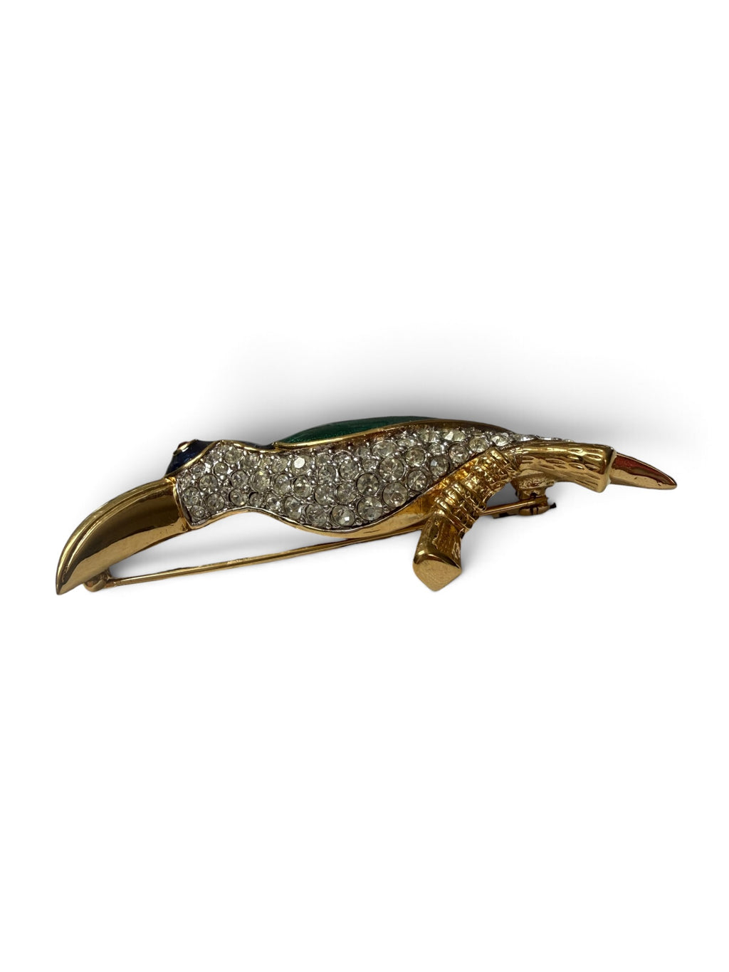 Vintage 1980s D’Orlan Signed 22ct Triple Gold-Plated Enamel & Swarovski Crystal Toucan Bird Brooch