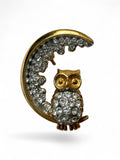 Vintage Attwood & Sawyer A&S Owl on Crescent Moon Brooch | 22ct Gold Plate & Pavé Swarovski Crystals
