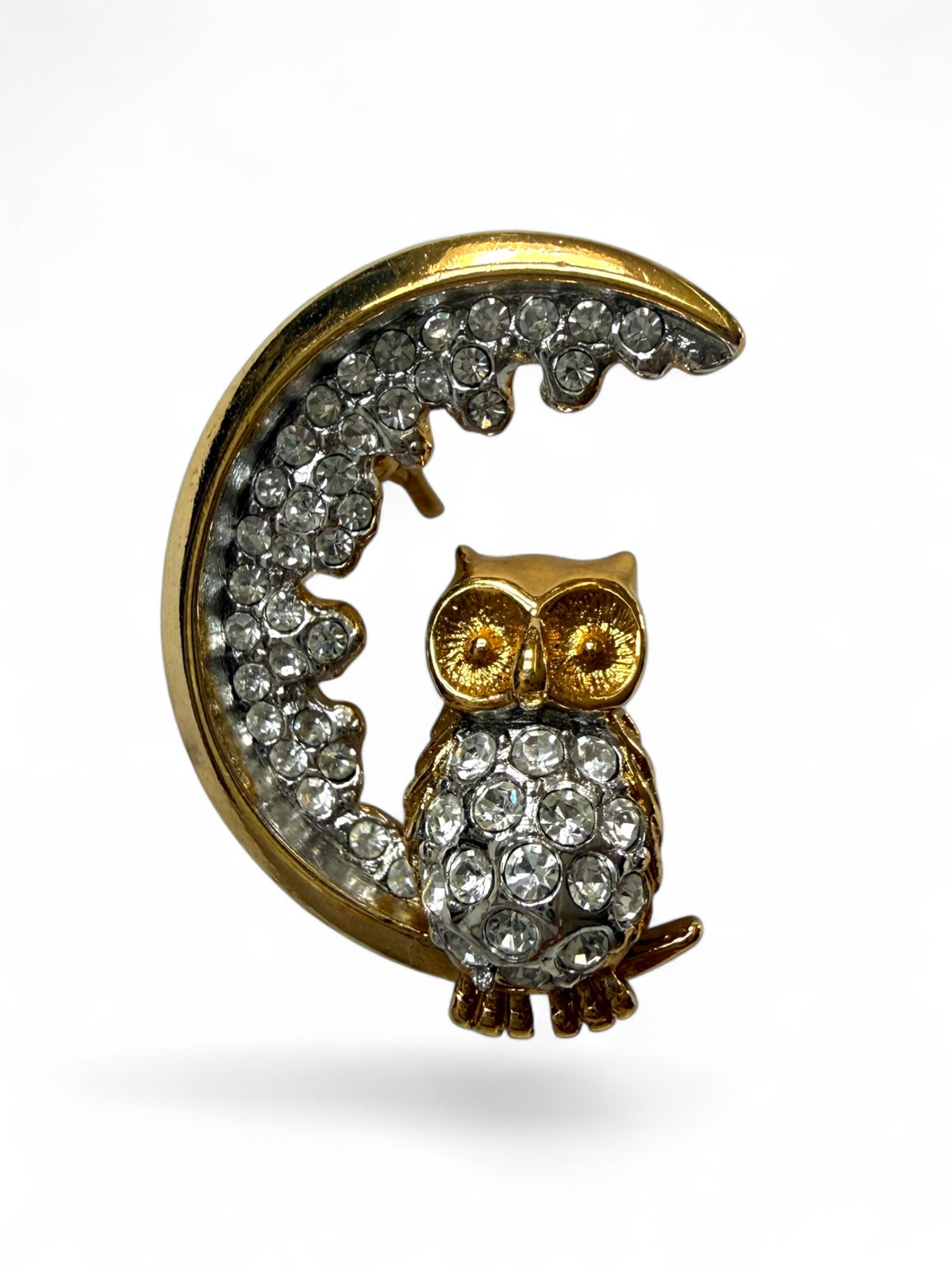 Vintage Attwood & Sawyer A&S Owl on Crescent Moon Brooch | 22ct Gold Plate & Pavé Swarovski Crystals