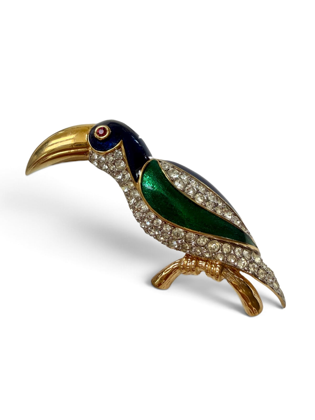Vintage 1980s D’Orlan Signed 22ct Triple Gold-Plated Enamel & Swarovski Crystal Toucan Bird Brooch