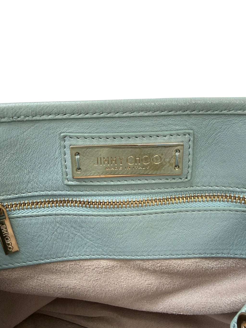 Jimmy Choo Sasha Powder Blue Leather Tote, Gold Star Studs, Made in Italy, circa 2016–2017