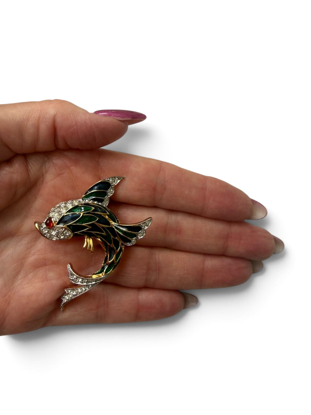 Vintage D’Orlan Gold-Tone Enamel Fish Brooch with Swarovski Crystals