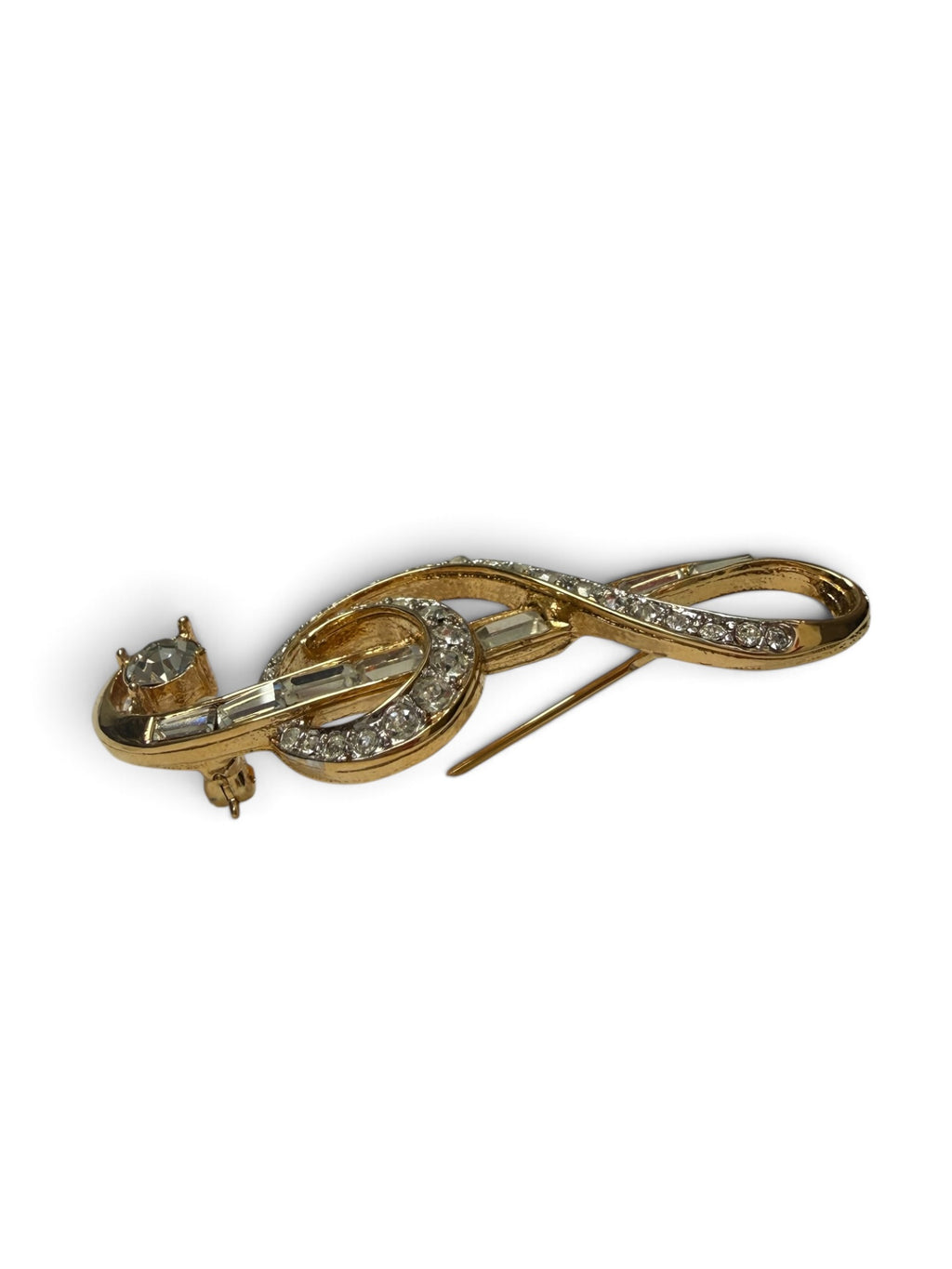 Vintage D’Orlan Treble Clef Brooch | Signed Gold Tone Crystal Music Pin