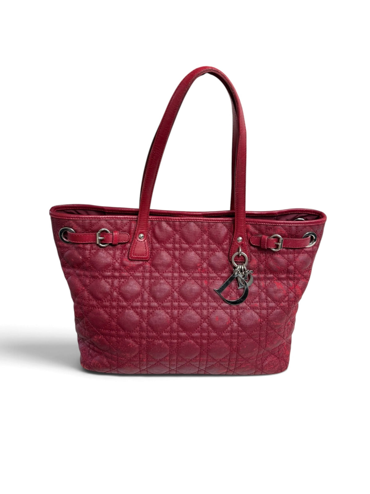Christian Dior Panarea Medium/Large Red Cannage Quilted Tote – Authentic 2011, Silver Hardware & Charm, Made in Italy