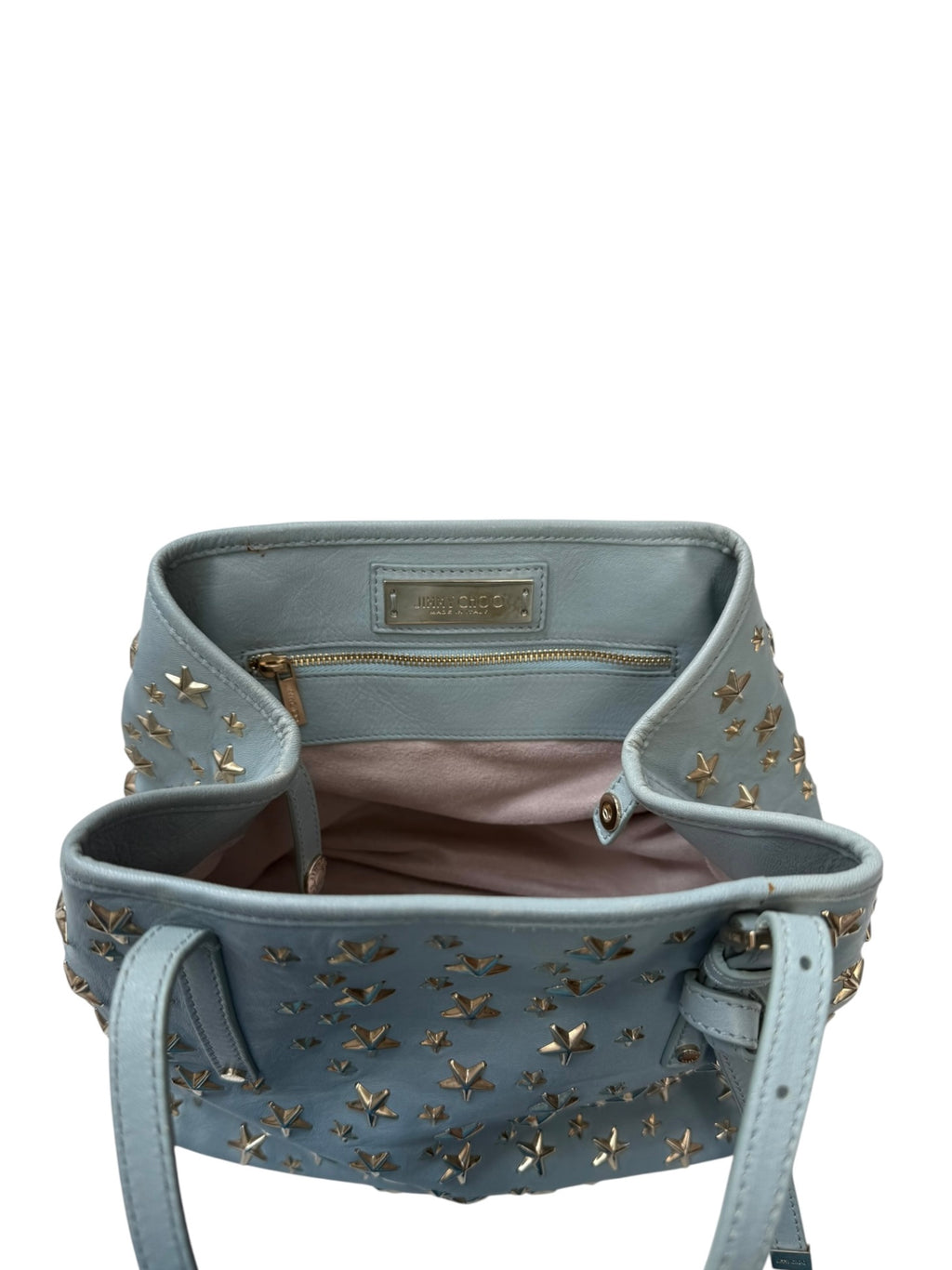 Jimmy Choo Sasha Powder Blue Leather Tote, Gold Star Studs, Made in Italy, circa 2016–2017