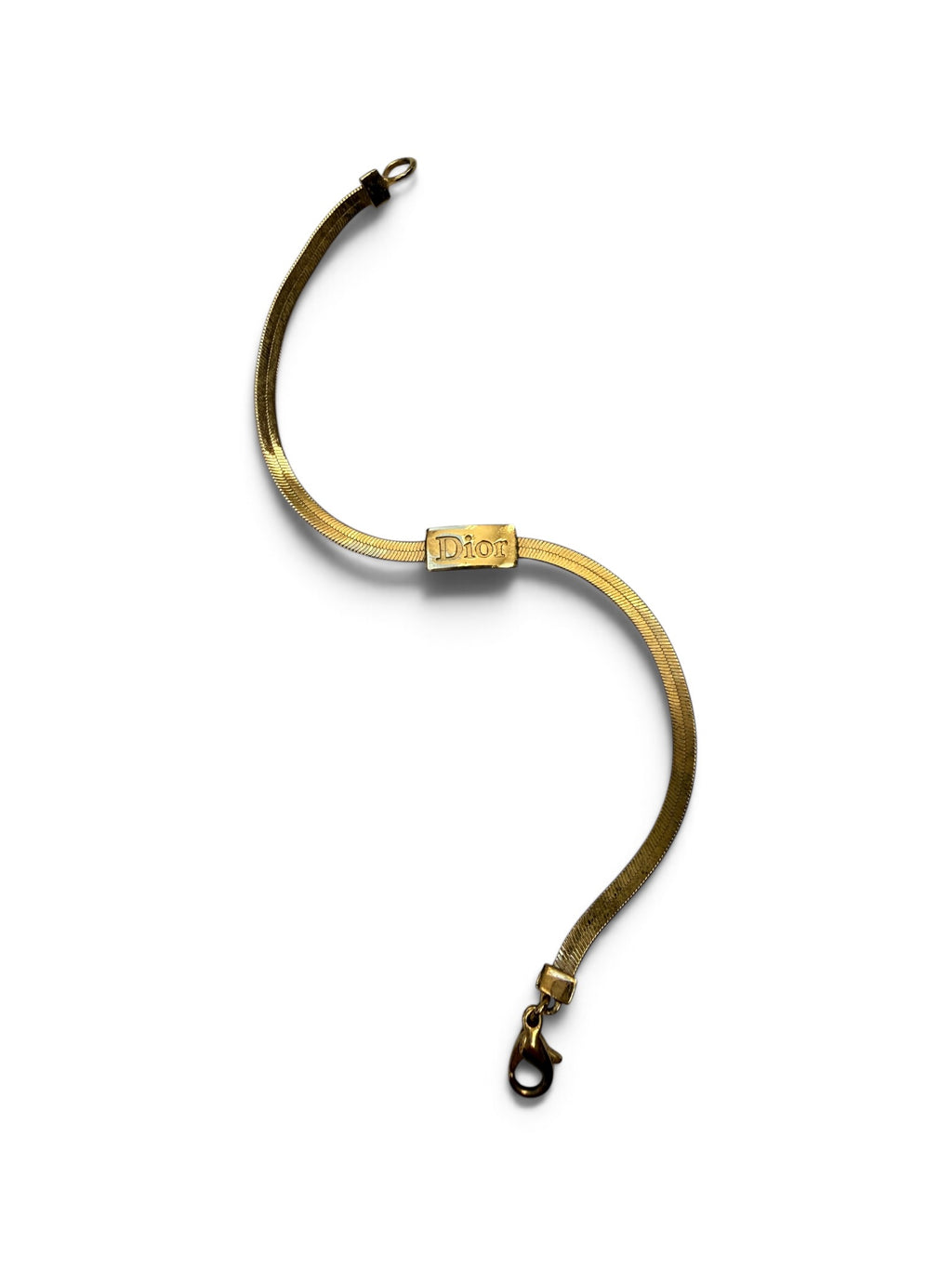 Vintage Christian Dior Bracelet, 1990s Gold Snake Chain with Logo Plaque