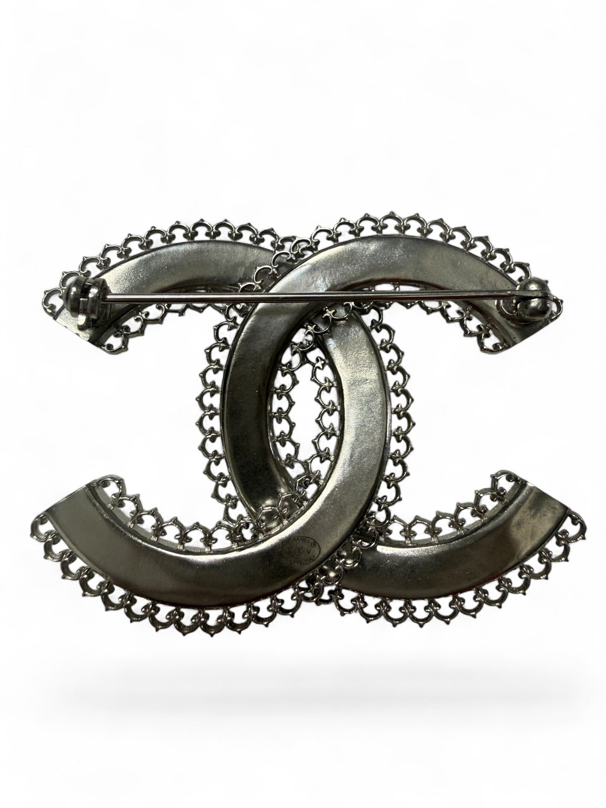 Chanel Silver-Tone Interlocking CC Filigree Brooch, B16, Made in Italy
