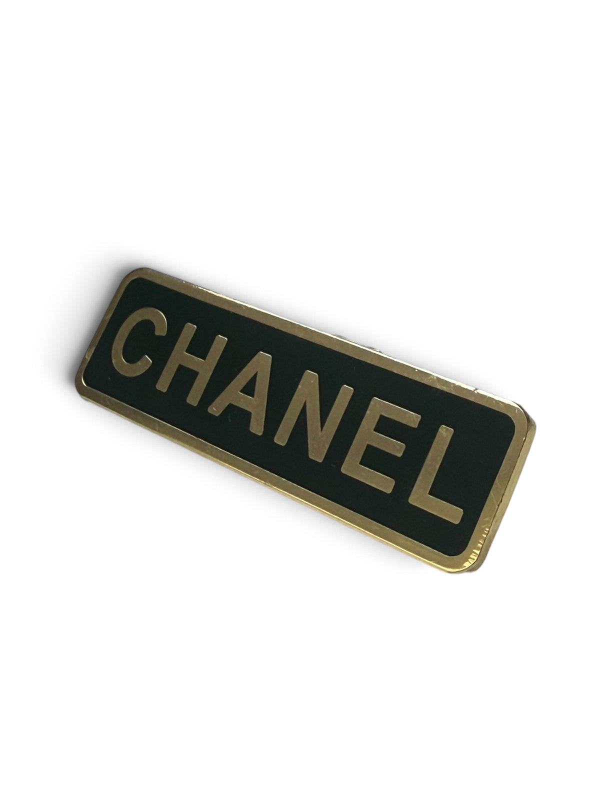 Vintage Chanel Employee Uniform Pin Brooch – Black Enamel with Gold “CHANEL”