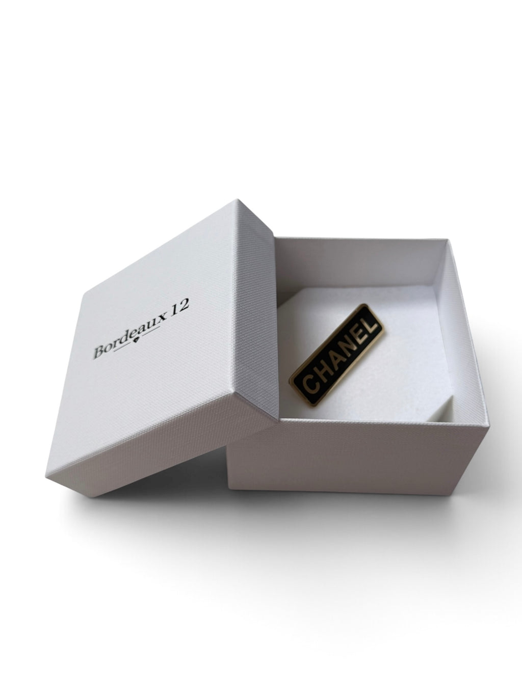 Vintage Chanel Employee Uniform Pin Brooch – Black Enamel with Gold “CHANEL”