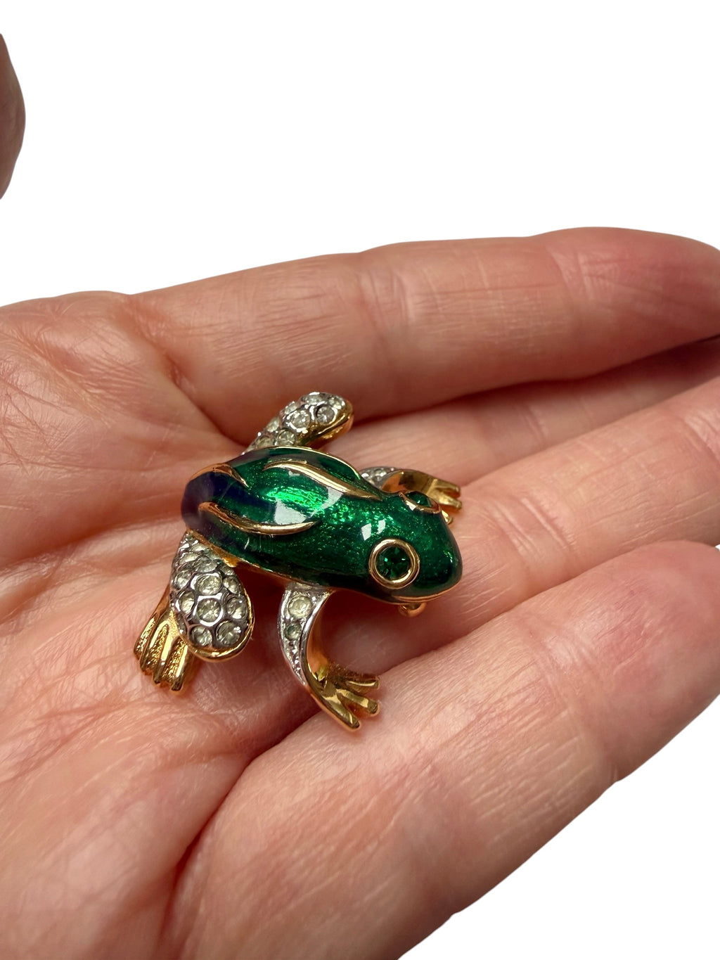 Vintage Attwood and Sawyer 22ct Gold Plated Green Enamel & Swarovski Crystal Frog Brooch (Circa 1980s–1990s)