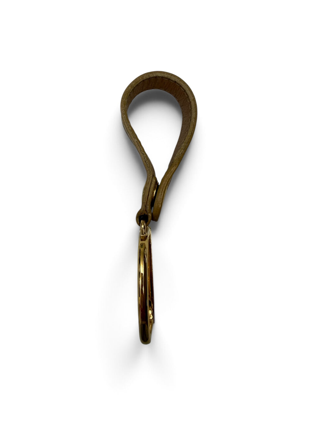 Vintage Christian Dior Gold “D” Logo Charm with Tan Leather Strap – Bag Charm / Keychain