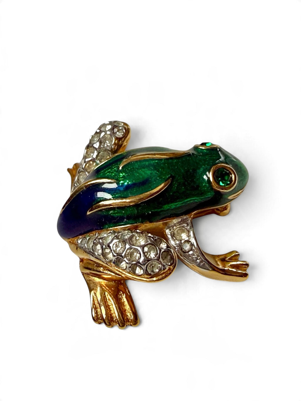 Vintage Attwood and Sawyer 22ct Gold Plated Green Enamel & Swarovski Crystal Frog Brooch (Circa 1980s–1990s)