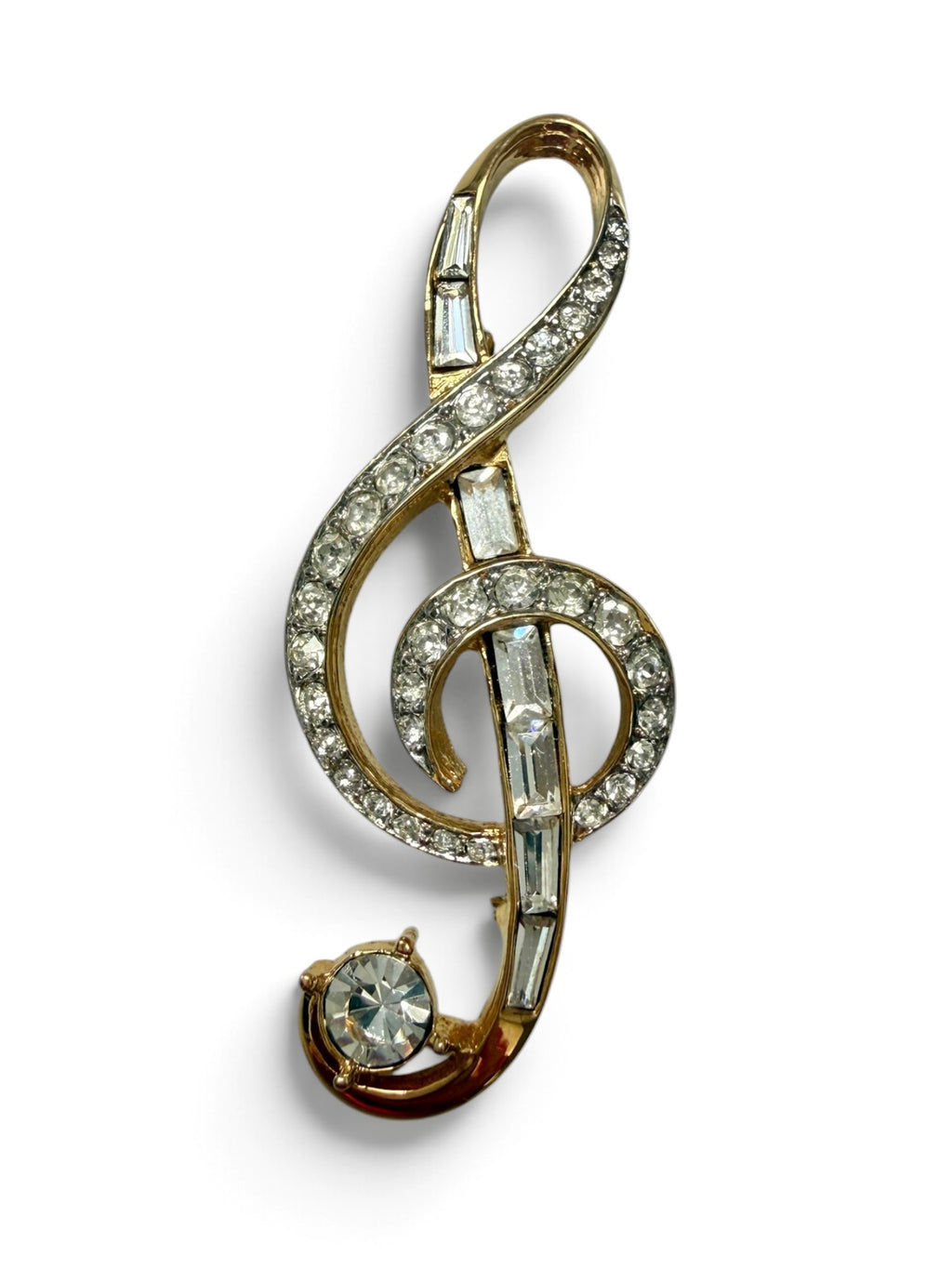 Vintage D’Orlan Treble Clef Brooch | Signed Gold Tone Crystal Music Pin
