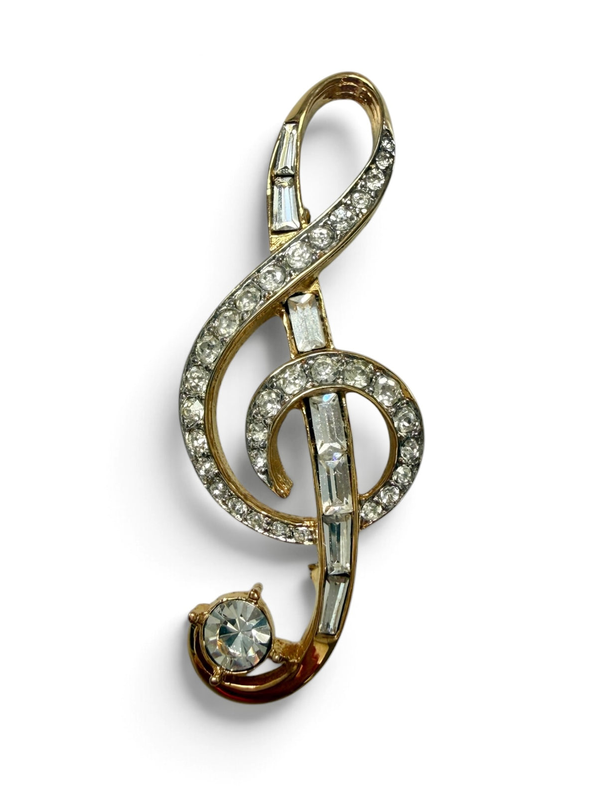 Vintage D’Orlan Treble Clef Brooch | Signed Gold Tone Crystal Music Pin