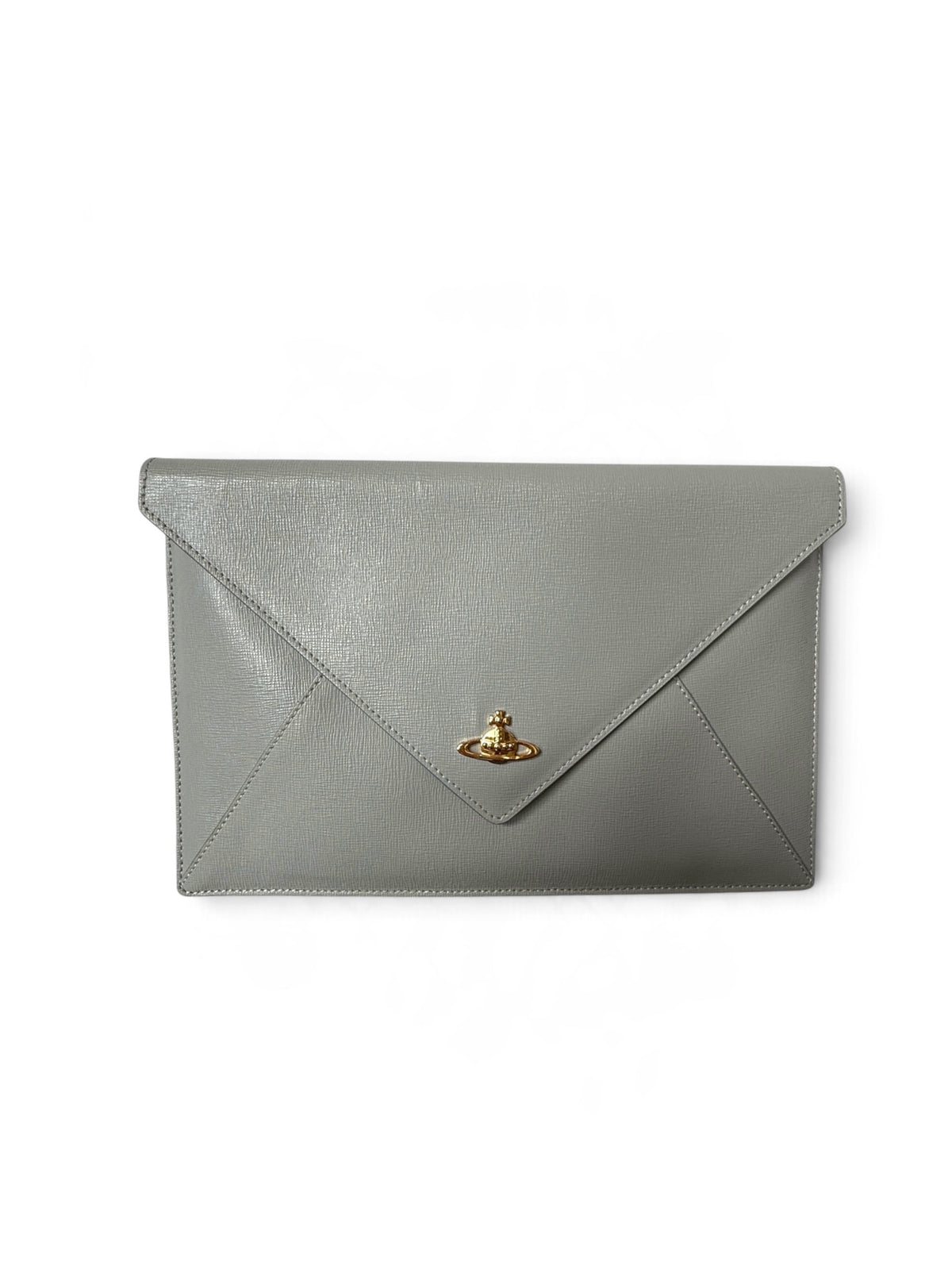 Vivienne Westwood Grey Saffiano Leather Envelope Clutch with Gold Orb